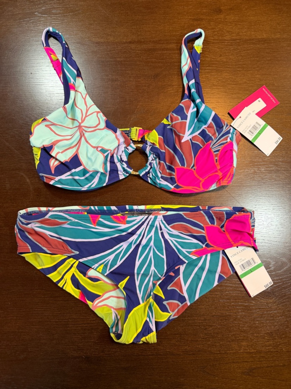NWT Vince Camuto Tropical Underwire Bikini Set L Mid Rise Luxury Swim